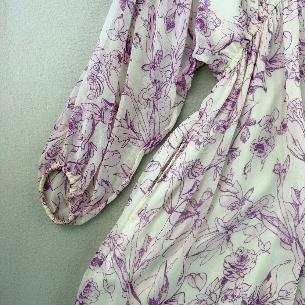 A New Day Floral Mini Dress Women XS Purple White Boho V-Neck Long Sleeve - Picture 4 of 12